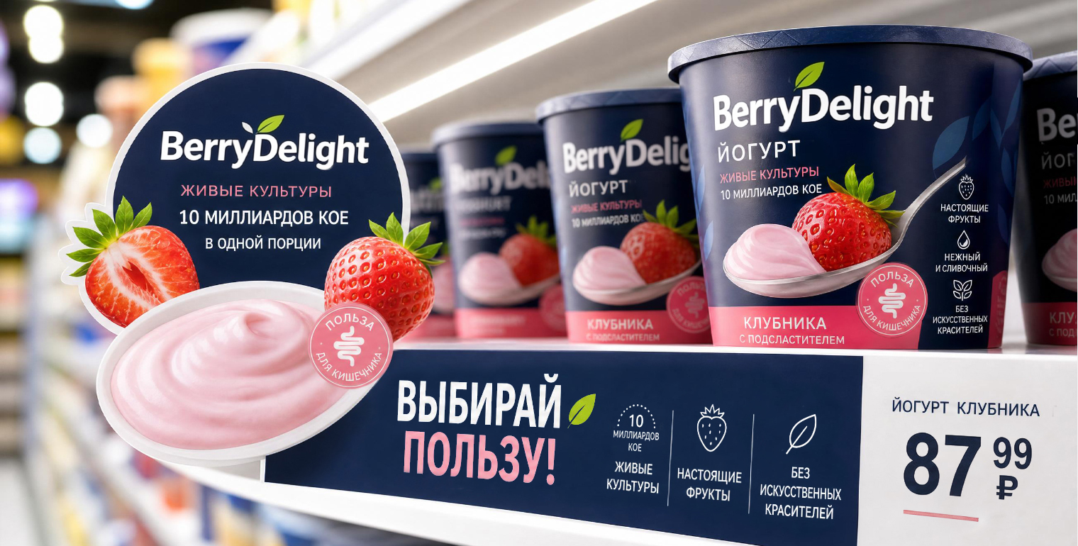 Воблер и шелфтокер BerryDelight на полке с йогуртами